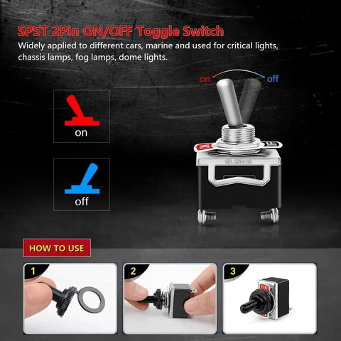 Rugged 8 Pack SPST Toggle Switches 2 Pin 20A 125V AC And 15A 250V AC On Off, showing on-off positions and installation steps