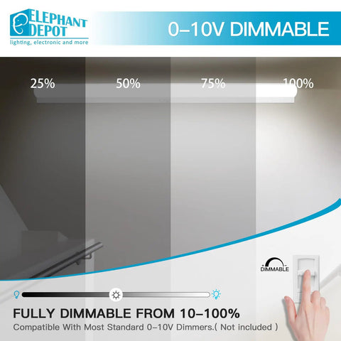 4ft LED Stairwell Light Fixture With Motion Sensor, dimmable lighting levels diagram, wall mount installation example