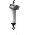 Side view of gray JET 5-ton electric chain hoist with 15 ft lift, showing chains and hook