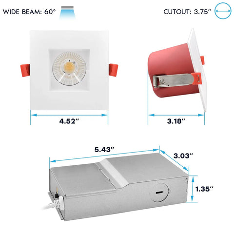 Image showing dimensions of 12 Pack 4 Inch Square Led Recessed Light Fixtures With J Box, 5 Cct Dimmable Ceiling Lights.