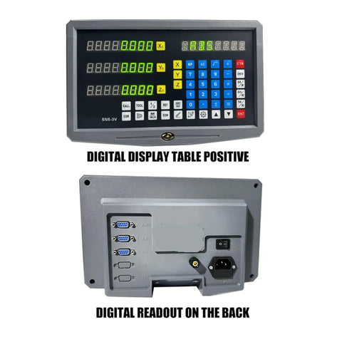 Front and back view of Three Axis Digital Readout DRO for Milling Lathe with SNS-3V Panel, showing digital interface and ports.