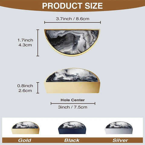 Two Pack Monochrome Fluid Art Swirl Cabinet Pulls 3 Inch Center Hole Gold Semicircle Drawer Handles Size Guide