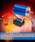 3600KV 4Pole Sensorless Brushless RC Car Motor With 35A ESC shown with blue aluminum heatsink and wiring