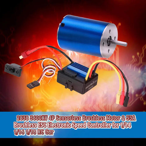 3600KV 4Pole Sensorless Brushless RC Car Motor With 35A ESC shown with blue aluminum heatsink and wiring