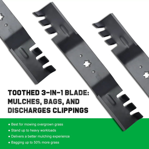 Beefy 54 Inch Mower Blades Replacement For Cub Cadet 942 0677B RZT54 S54 L54 GT1554 GTX1054 SLT1554 LT1554 LTX1054 SLTX1054 Zero Turn Lawn Tractor Toothed Mulching Blades With 6 Star Mounting Pattern, showing toothed edges and 6-star mount.