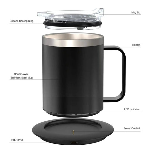 Ditch Lukewarm Sludge With This Smart Usb Heated Coffee Mug Using Precise Temperature Control And Heavy Duty Stainless Steel Build Plus Power Base And Leakproof Lid To Keep Your Daily Grind Piping Hot, showing USB-C port and parts.