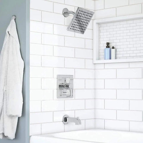 Modern Single-Handle Tub and Shower Faucet in Chrome With Valve Included For An Easy Upgrade installed on bathroom wall