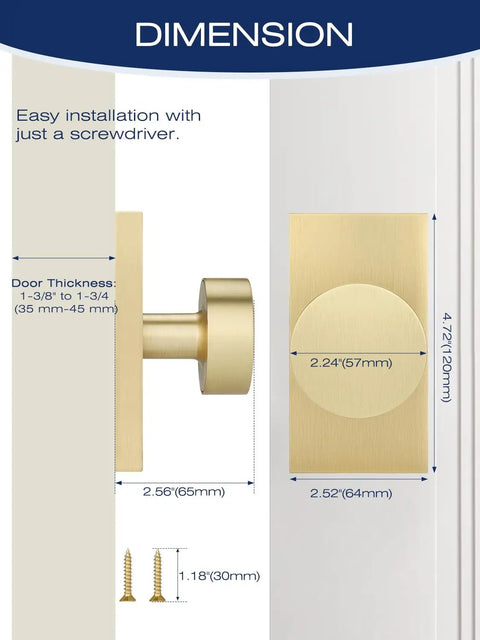 Two Pack Brushed Gold Dummy Door Knobs For Interior Doors Non Functional Decorative Handles For Closets And Pantries Single Side Install Zinc Alloy Build For Easy Push Pull Access, 4.72in dimension