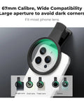 Clip On CPL Phone Lens Filter Kit 67mm for iPhone 11 through 16 attached to smartphone, shows wide compatibility.