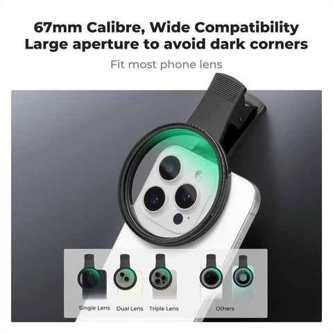 Clip On CPL Phone Lens Filter Kit 67mm for iPhone 11 through 16 attached to smartphone, shows wide compatibility.