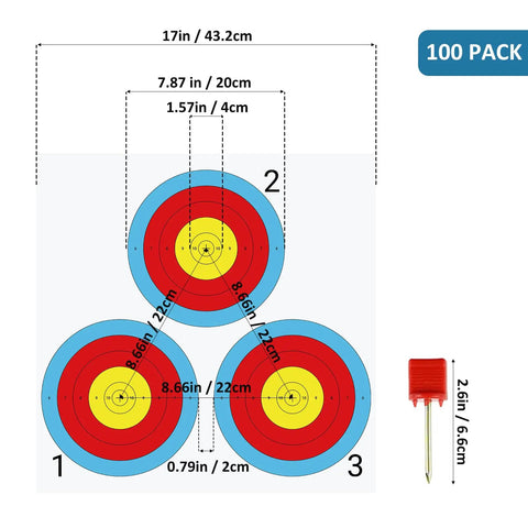 100 Pack Archery Target Paper 3 Spot Targets 17 By 17 Inches With 4 Archery Target Pins Ideal For Home Practice Bow And Arrow Shooting Durable Wood Free Paper Bright Color For Easy Hit Tracking, showing dimensions and pins.