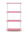 Turn-N-Tube 4-Tier Corner Storage Shelves With Toolless Open Design, Space-Saving Book Organizer For Living Room, Bedroom, Entryway, Hallway, And Laundry, Easy Assembly Without Tools, Soft Pink Finish, Wide Shelves For Books Decor And Baskets. 4-tier pink shelf with white posts.