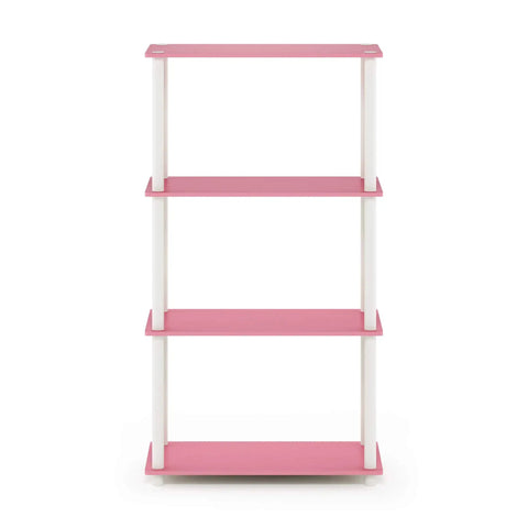 Turn-N-Tube 4-Tier Corner Storage Shelves With Toolless Open Design, Space-Saving Book Organizer For Living Room, Bedroom, Entryway, Hallway, And Laundry, Easy Assembly Without Tools, Soft Pink Finish, Wide Shelves For Books Decor And Baskets. 4-tier pink shelf with white posts.
