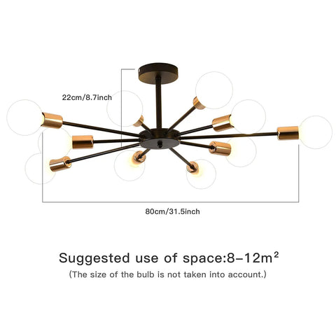 10 Light Sputnik Ceiling Light Fixture In Black And Gold Dope Semi Flush Mount Modern Close To Ceiling with size dimensions