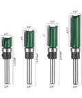 Heavy Duty Four Piece Flush Trim Router Bit Set With Top Bearing Quarter Inch Shank showing sizes and features for template woodworking.