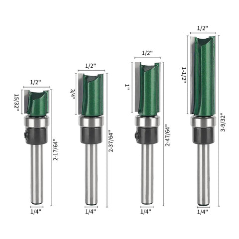 Heavy Duty Four Piece Flush Trim Router Bit Set With Top Bearing Quarter Inch Shank showing sizes and features for template woodworking.