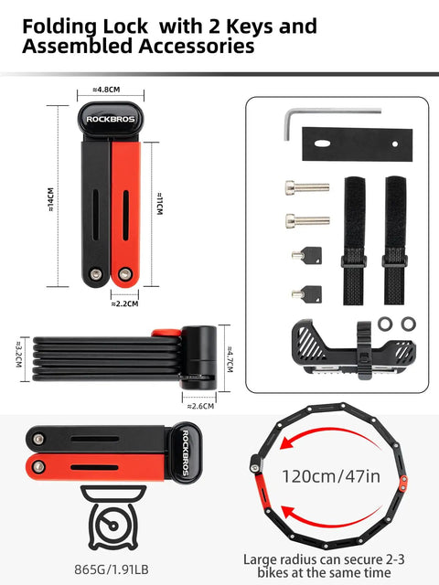 Folding Bike Lock 120 Cm Long With 2 Keys Heavy Duty Security Lock For E Bike And Electric Scooter Anti Theft Durable Alloy Steel For Motorcycle Outdoor City Cycling And Daily Commute