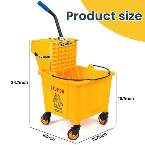 35 Quart Side Press Wringer Mop Bucket Set On Wheels With Industrial Mop For A Workhorse Heavy Duty Floor Cleaning Solution In Home Office Garage And Commercial Janitorial Use Rectangular view with product dimensions