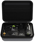 Cord Free Wireless Saxophone System With Charging Case For Pro Players High Resolution 24 Bit 44.1kHz Audio Clear Gooseneck Condenser Mic 2.4GHz Wireless Sax Mic With 20 Meter Range And Easy Setup shown in open charging case.
