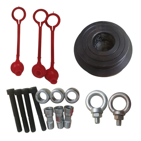 150 Ton Hydraulic Chain Pinning Machine Track Pin Removal Tool Heavy Duty Link Repair Press parts including bolts, rings, and a sleeve.