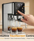 Kitchen MVP 20 Bar Espresso Machine With Built In Milk Frother And Stainless Steel Coffee Maker featuring touchscreen control and dual espresso.