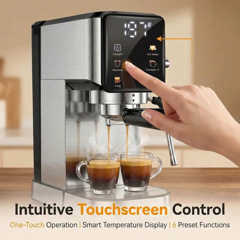 Kitchen MVP 20 Bar Espresso Machine With Built In Milk Frother And Stainless Steel Coffee Maker featuring touchscreen control and dual espresso.