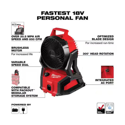 18V Brushless Packout Fan With Lightning Fast Cooling, Beastly 850 CFM, 20.5 MPH Air Flow, Rugged Build With PACKOUT Modularity