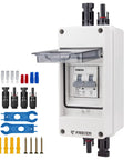 Legit Heavy Duty Solar Panel Disconnect Switch With 30 Amp PV Breaker And 1000V Outdoor Enclosure For Home Battery Setup, includes connectors and tools.