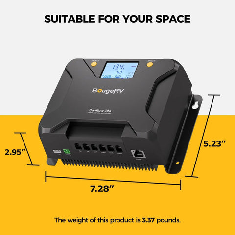 30A MPPT Solar Charge Controller With Low Temp Cutoff App Control And Backlit LCD for 12V 24V battery banks, dimensions shown