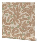 Beige botanical wallpaper featuring a chic linen texture, 2 ft wide x 27 ft long, perfect for kitchens and bathrooms.