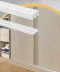 Two Pack Heavy Duty Four Foot Long Plastic Sliding Cabinet Door Track Hardware Sets For Half Inch Thick Panels Includes Upper And Lower Tracks For Sliding Closet Doors And Glass Window Cabinets Easy Quick Installation with visible tracks installed on a beige cabinet.