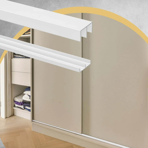 Two Pack Heavy Duty Four Foot Long Plastic Sliding Cabinet Door Track Hardware Sets For Half Inch Thick Panels Includes Upper And Lower Tracks For Sliding Closet Doors And Glass Window Cabinets Easy Quick Installation with visible tracks installed on a beige cabinet.
