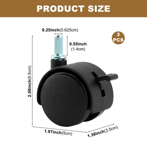Four Pack 1.5 Inch Swivel Caster Wheels With Locking Brakes And 6.25 Millimeter Straight Stem For No Sweat Swap showing size dimensions.