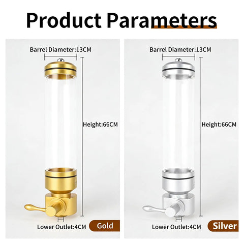 Wall Mounted Coffee Bean Dispenser With Airtight Cap Keeps Your Daily Stash Locked And Loaded For Quick Morning Drips Using Clear Acrylic Jar And Sharp Silver Screw Top Lid For Zero Hassle Kitchen Setup. Gold and silver options with size details.