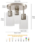 Semi Flush Mount Ceiling Light 3 Light Brushed Nickel With Clear Glass Shades showing dimensions and bulb compatibility
