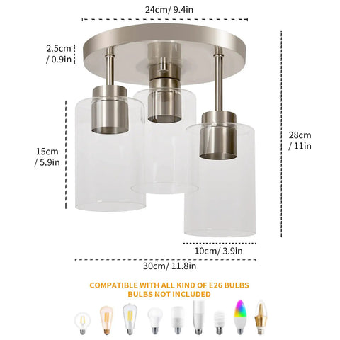 Semi Flush Mount Ceiling Light 3 Light Brushed Nickel With Clear Glass Shades showing dimensions and bulb compatibility