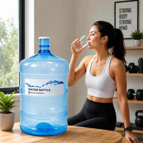 5 Gallon Water Bottle With Easy Grip Handle BPA Free Durable Plastic Jug for home on a table next to a person drinking water