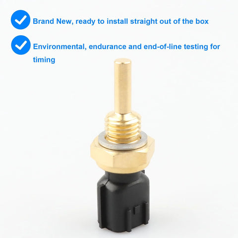 Coolant temperature sensor (ECT) with brass threaded body and black plastic connector, front view
