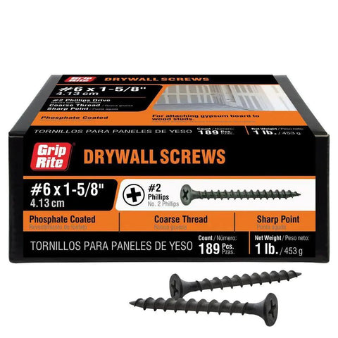 Heavy Duty Coarse Thread Drywall Screws With Phosphate Coating For A Boss Finish and Rock Solid Wall Holds, 1lb pack with 189 screws.