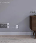 Airtap T6 White Register Booster Fan For 6x12 Duct Openings Quiet 10 Speed Vent Enhancer installed in a wall with LCD controller.