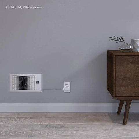 Airtap T6 White Register Booster Fan For 6x12 Duct Openings Quiet 10 Speed Vent Enhancer installed in a wall with LCD controller.