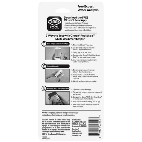 Instructions on using Six Way Pool Water Test Strips for Rapid Chemical Readings with seamless app sync.