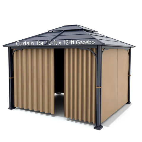 Durable Weatherproof Gazebo Privacy Curtain With Zipper Side Wall For 10x12 Outdoor Gazebo UV Protected And Water Repellent Khaki Panel No Fuss Setup Wind Resistant Privacy Shield For Quick Backyard Vibe shown installed on a gazebo.