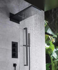Wall Mounted Concealed Shower System With All Copper Thermostatic Valve Slick Matte Black Finish In Wall Waterfall Rain Shower Set showcasing rainfall flow.