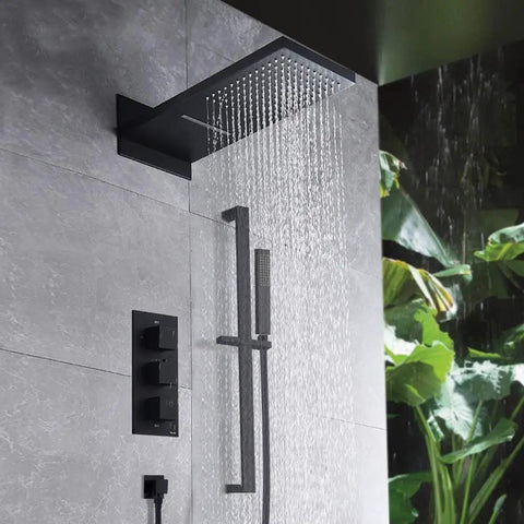 Wall Mounted Concealed Shower System With All Copper Thermostatic Valve Slick Matte Black Finish In Wall Waterfall Rain Shower Set showcasing rainfall flow.