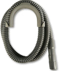 Six Foot Heavy Duty Washing Machine Drain Hose With Clamp For Universal Fit Up To One And One Quarter Inch Outlets Tough As Nails Built To Last Durable Industrial Grade Polypropylene Laundry Drain Line coiled on white background