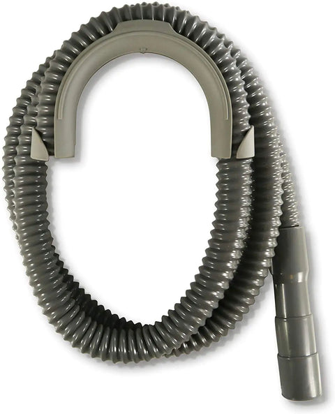 Six Foot Heavy Duty Washing Machine Drain Hose With Clamp For Universal Fit Up To One And One Quarter Inch Outlets Tough As Nails Built To Last Durable Industrial Grade Polypropylene Laundry Drain Line coiled on white background