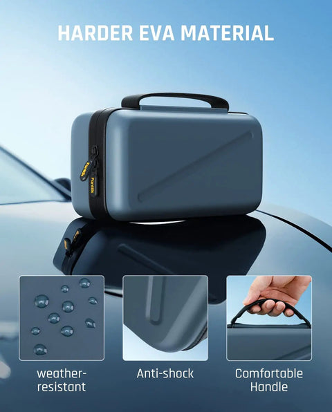 Officially Customized EVA Storage Case For X8 APEX Tire Inflator And S100 Kit on car, showing hardness and water resistance.