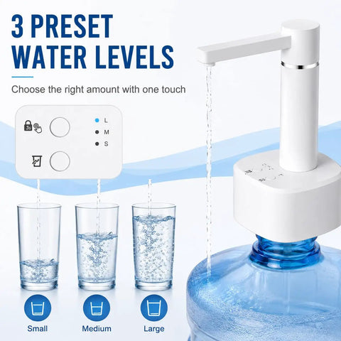 2-In-1 Desktop And Bottle Top Electric Water Dispenser Pump, One-Touch Easy Pour, 3 Preset Levels, pouring water into glass