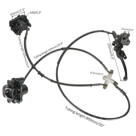 Go Kart And Drift Trike 32 Inch Rear Axle Kit with brake system, showing tubing measurements and calipers for DIY builds.